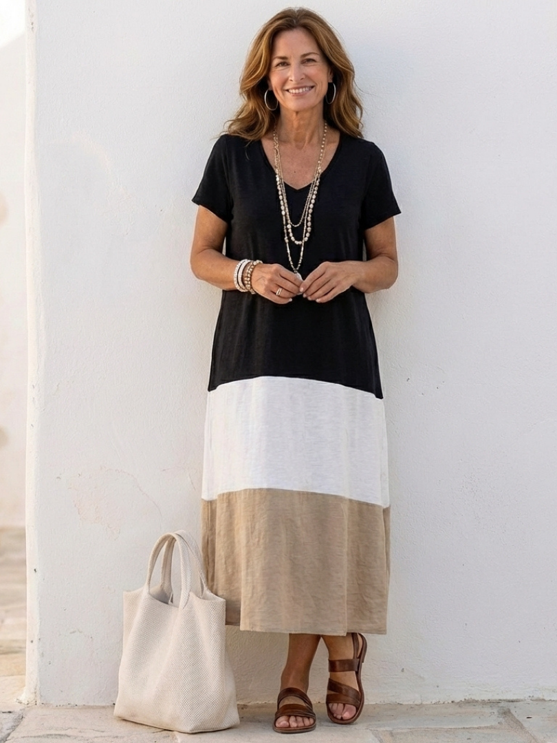 Elmira -  Short Sleeve Color Block V Neck Midi Dress