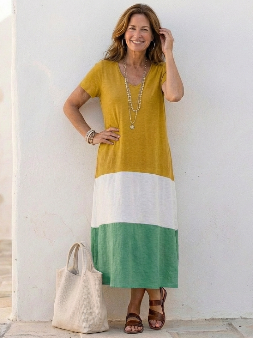 Elmira -  Short Sleeve Color Block V Neck Midi Dress