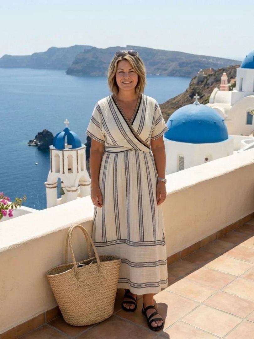 Thalia - V Neck Short Sleeve Wrap Waist Midi Dress