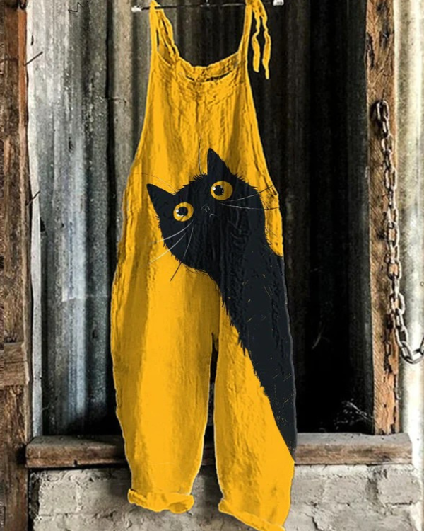 Sue – Lightweight Handcrafted Yellow Jumpsuit with Black Cat