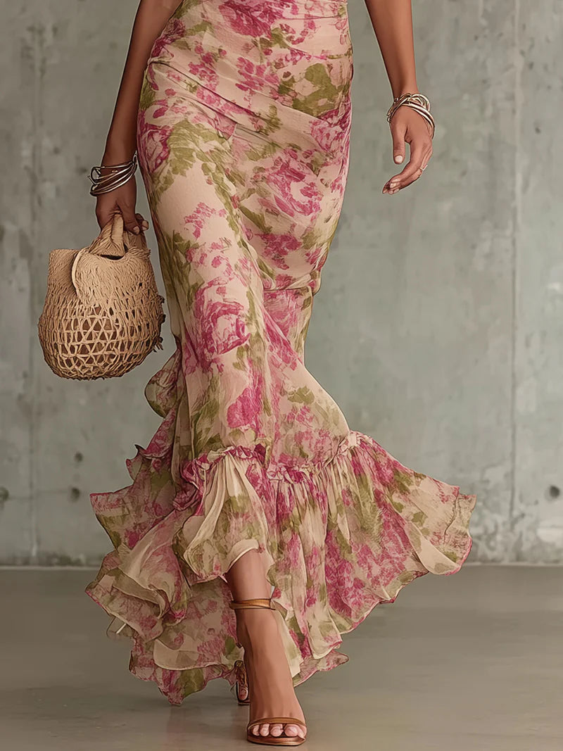 Pola - Vintage Rose Print Maxi Dress With Puff Sleeves