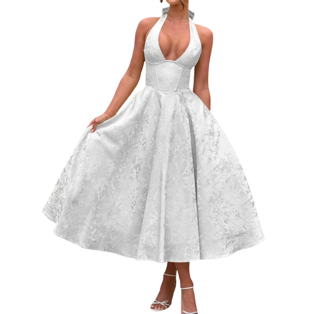 Loraine - Embroidered Halter V-Neck Gown