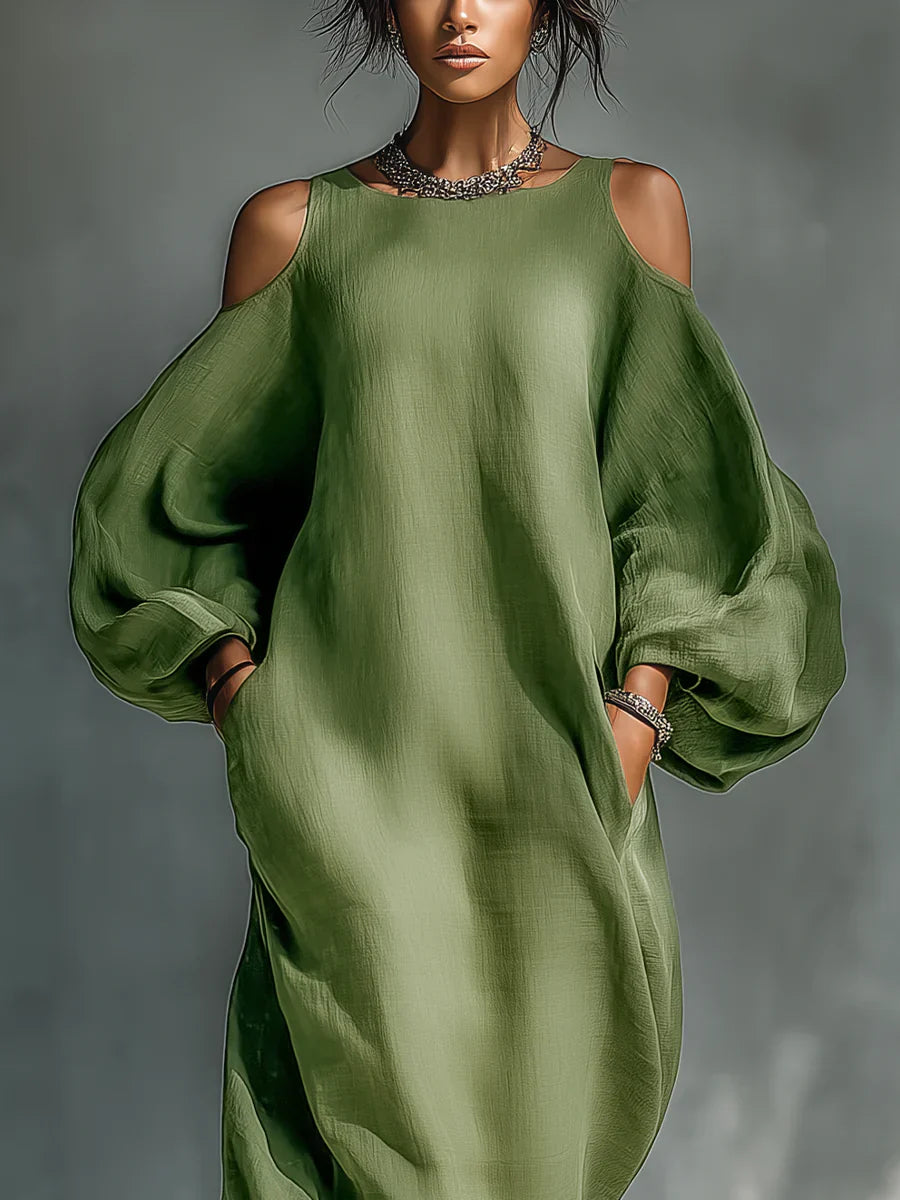 Faye - Green Chiffon Off Shoulder Short Sleeve Midi Dress