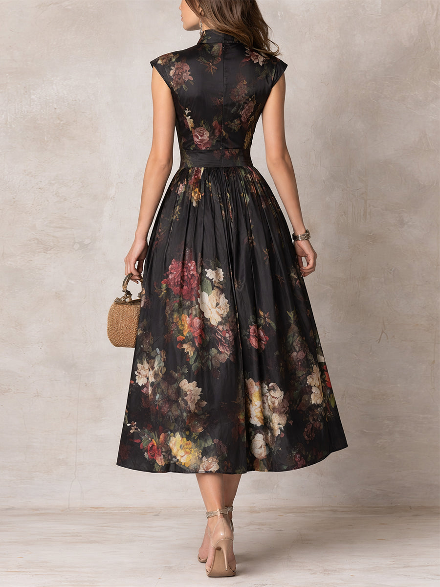Sam - Black Keyhole Collar Floral Pleated Satin Midi Dress