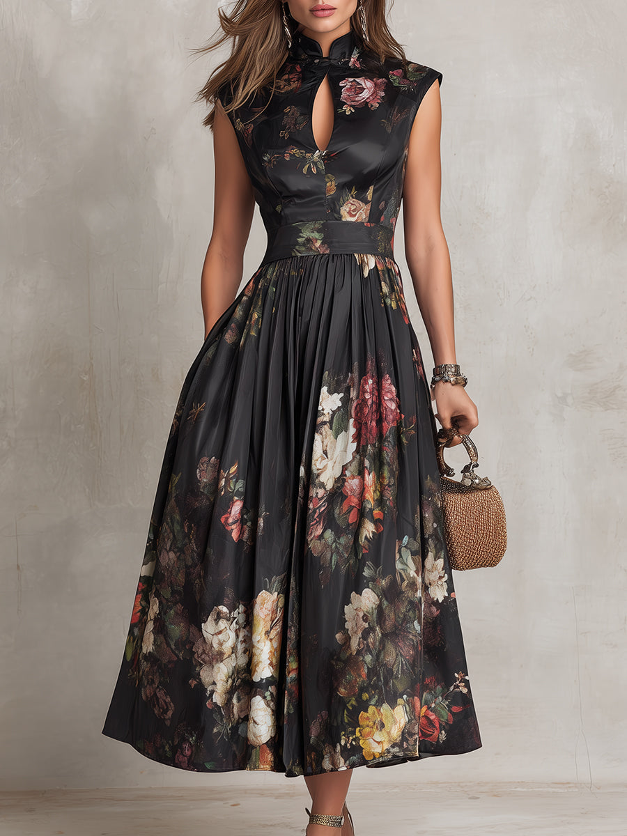 Sam - Black Keyhole Collar Floral Pleated Satin Midi Dress