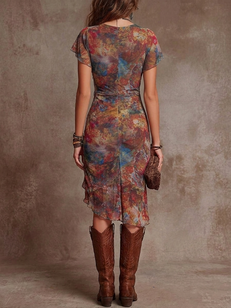 Hana - Bohemian Abstract Art Print V-Neck Pleated Midi Dress