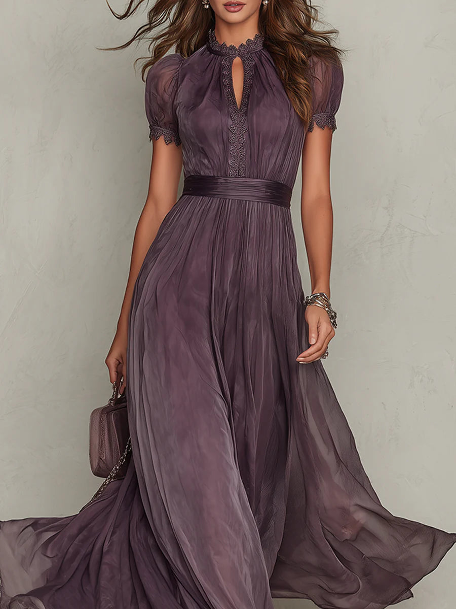 Ola - Purple Keyhole Neckline Chiffon Lace Trim Maxi Dress