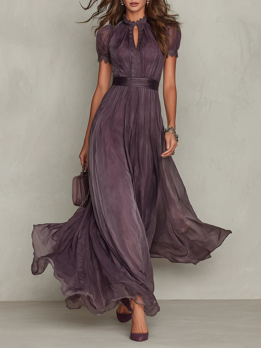 Ola - Purple Keyhole Neckline Chiffon Lace Trim Maxi Dress