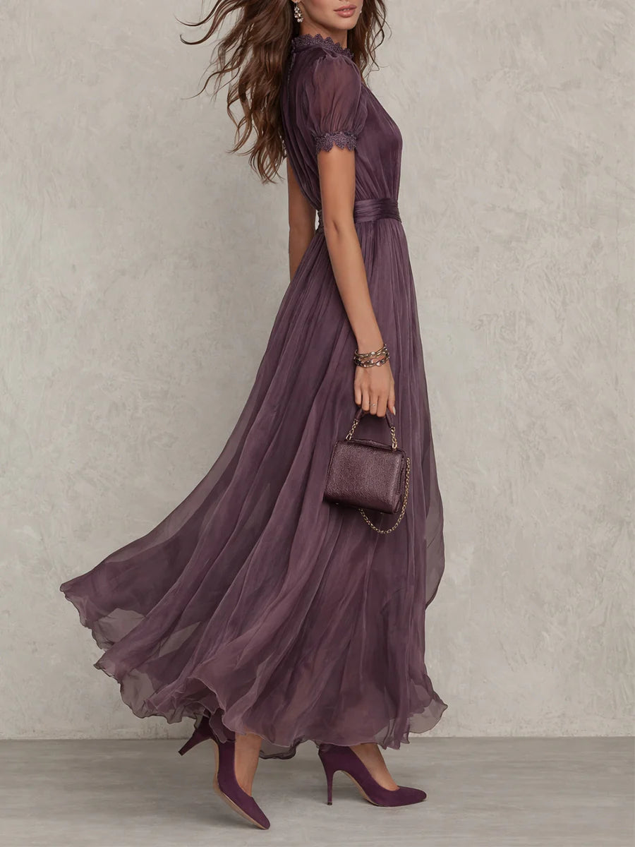 Ola - Purple Keyhole Neckline Chiffon Lace Trim Maxi Dress