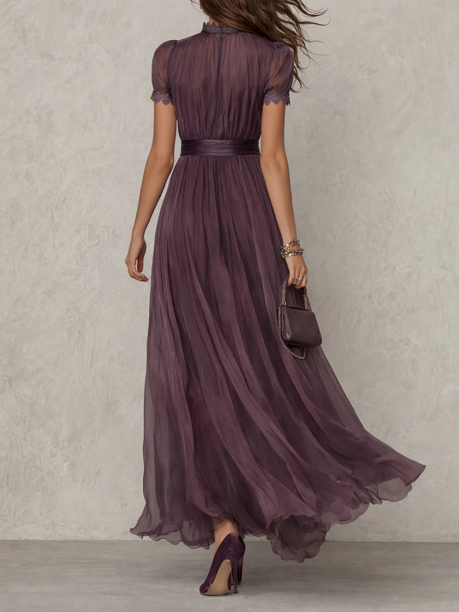 Ola - Purple Keyhole Neckline Chiffon Lace Trim Maxi Dress