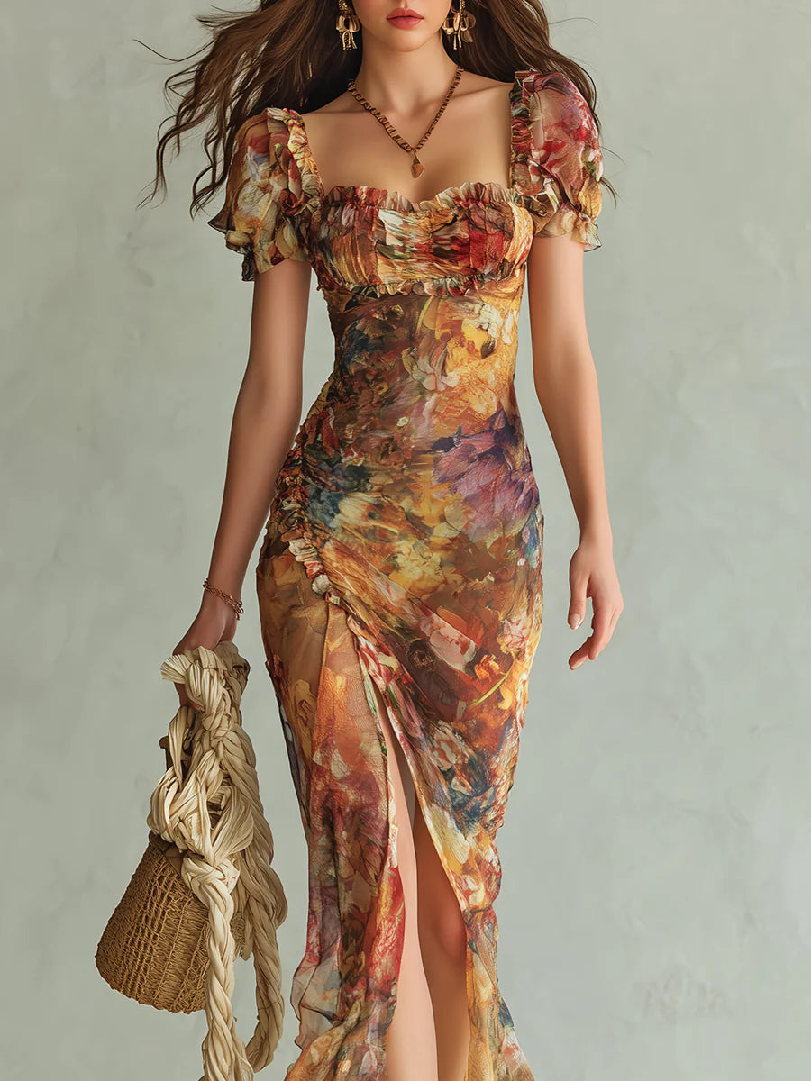 Rica - Orange Bohemian Holiday Oil Painting Print Chiffon Maxi Dress