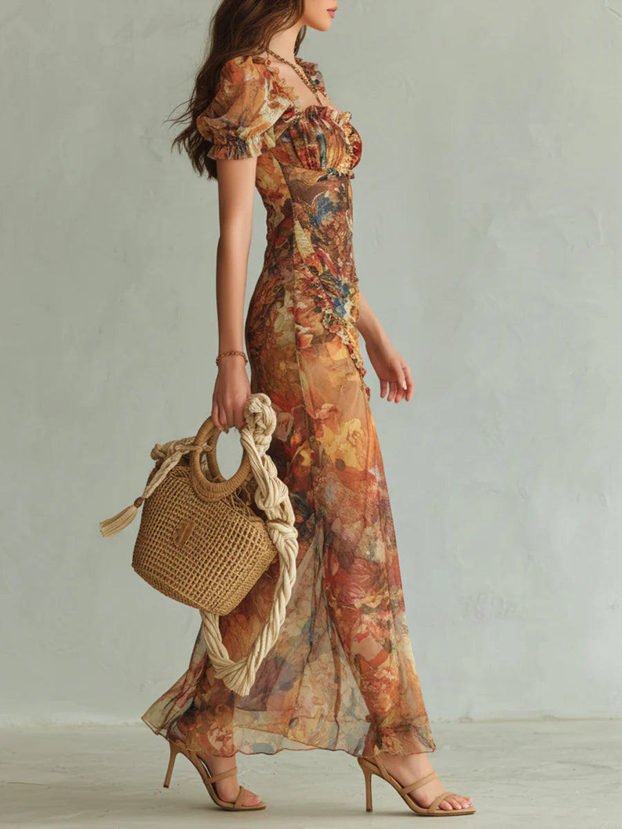 Rica - Orange Bohemian Holiday Oil Painting Print Chiffon Maxi Dress