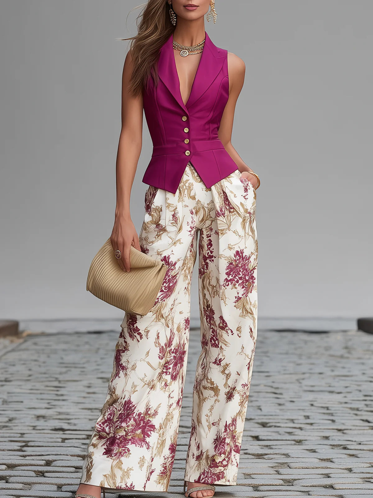 Anne - Rose Pink Sleeveless Vest and Floral Printed Wide-Leg Pants Set