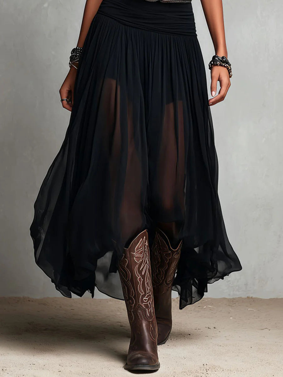 Ingrid - Black Sleeveless Tank Top With Tulle Skirt Maxi Dress (with belt)