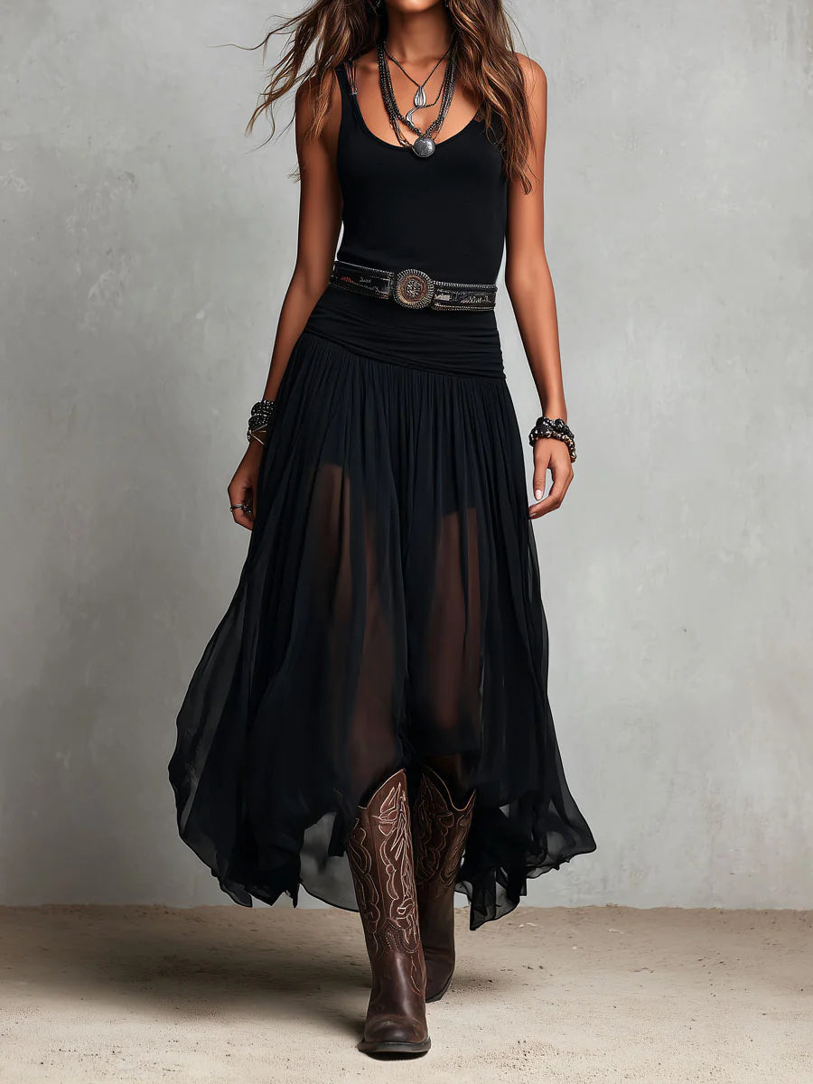 Ingrid - Black Sleeveless Tank Top With Tulle Skirt Maxi Dress (with belt)