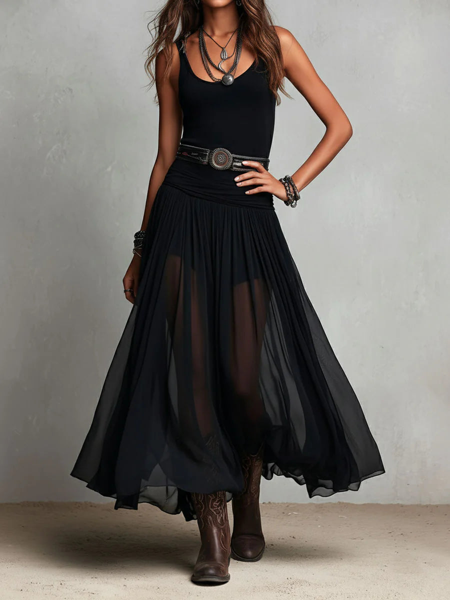 Ingrid - Black Sleeveless Tank Top With Tulle Skirt Maxi Dress (with belt)