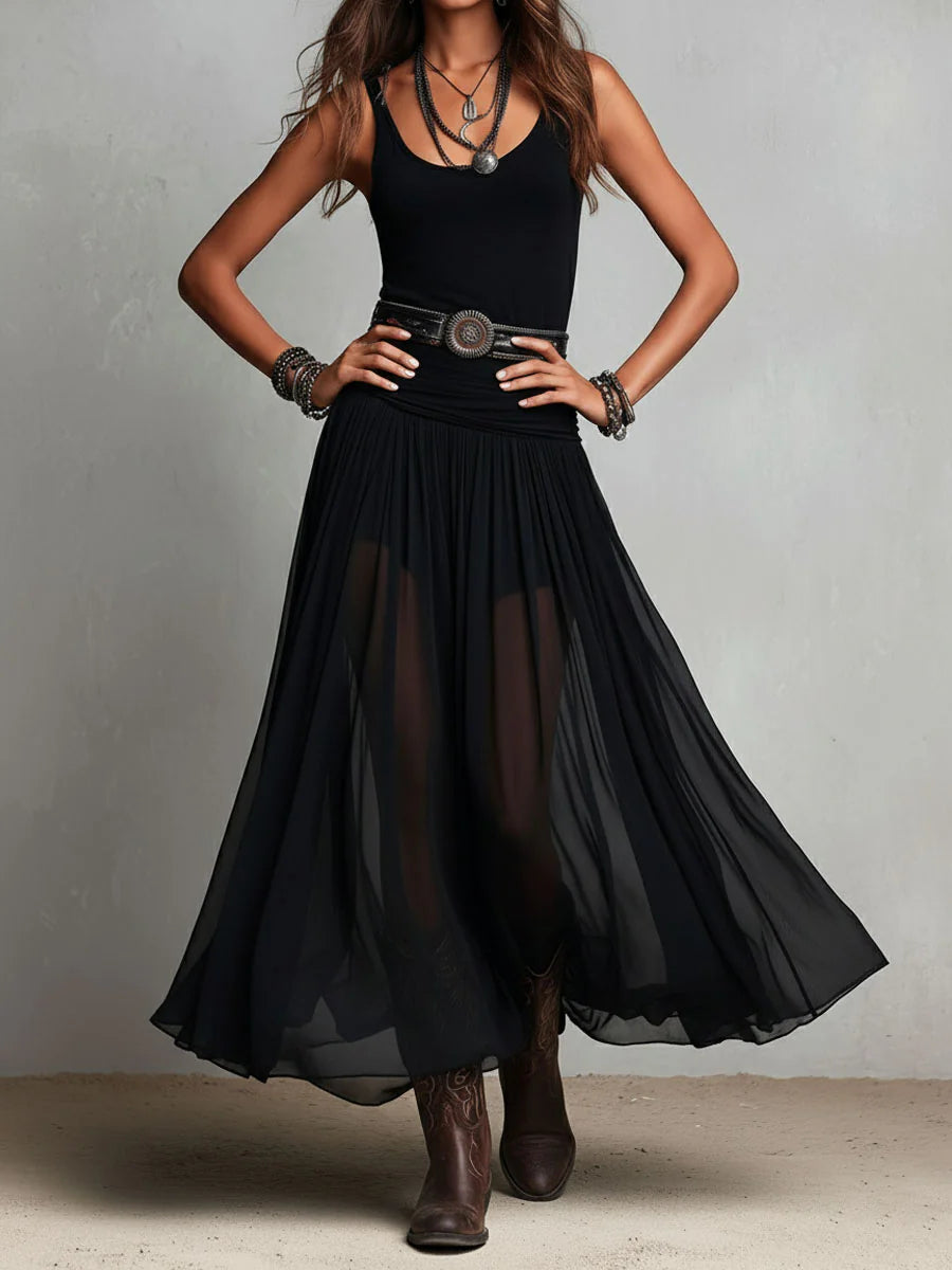 Ingrid - Black Sleeveless Tank Top With Tulle Skirt Maxi Dress (with belt)