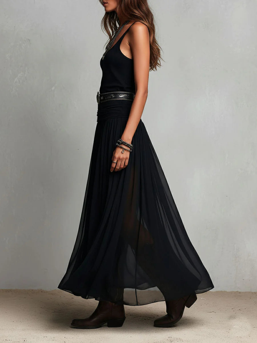 Ingrid - Black Sleeveless Tank Top With Tulle Skirt Maxi Dress (with belt)