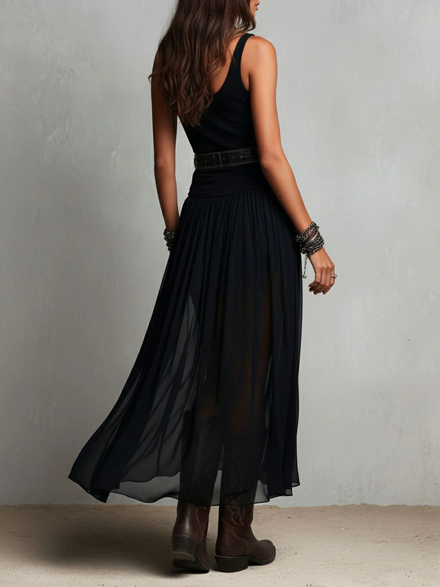 Ingrid - Black Sleeveless Tank Top With Tulle Skirt Maxi Dress (with belt)