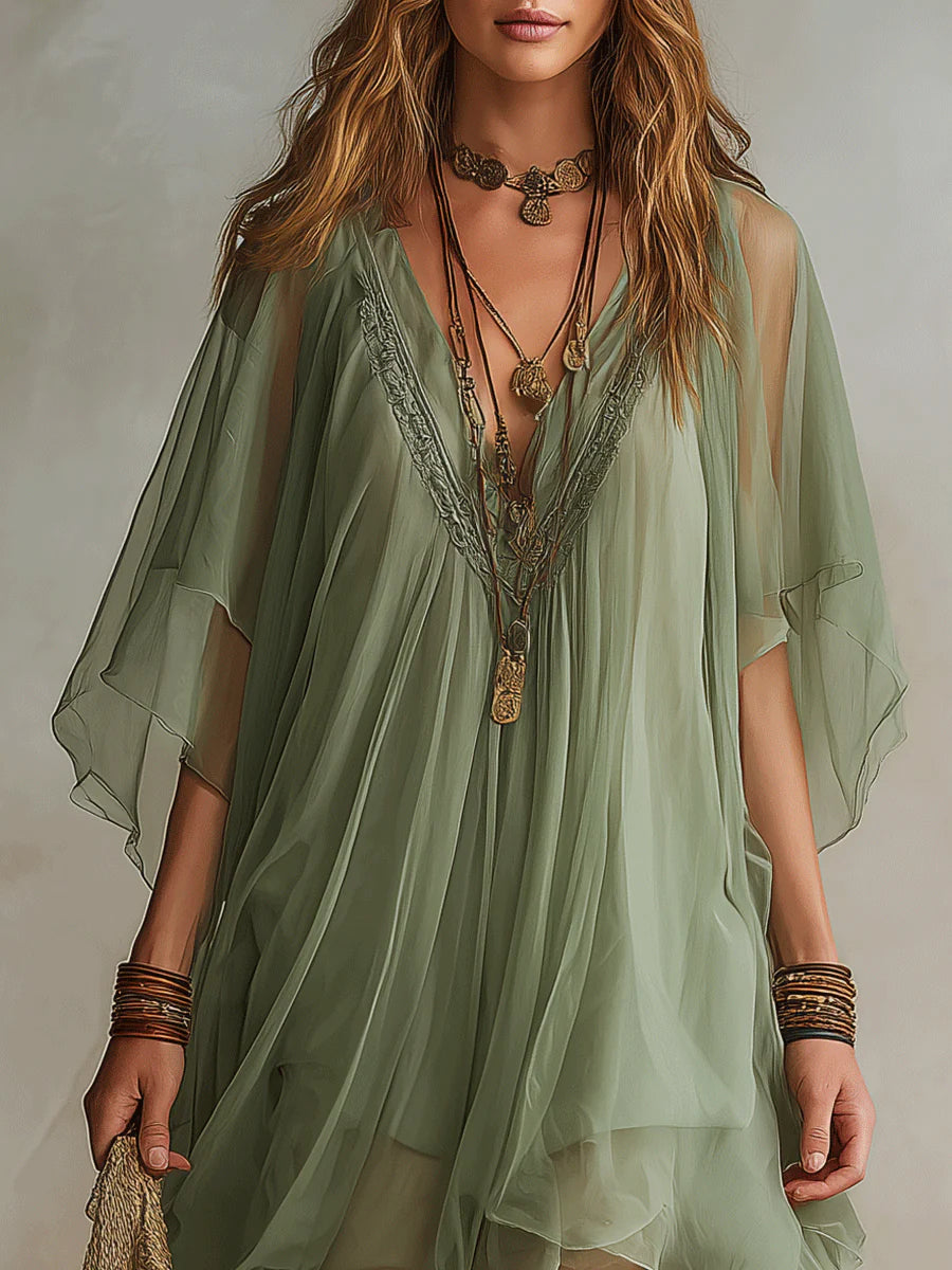 Jara - Green Flowing Chiffon V-Neck Mini Dress
