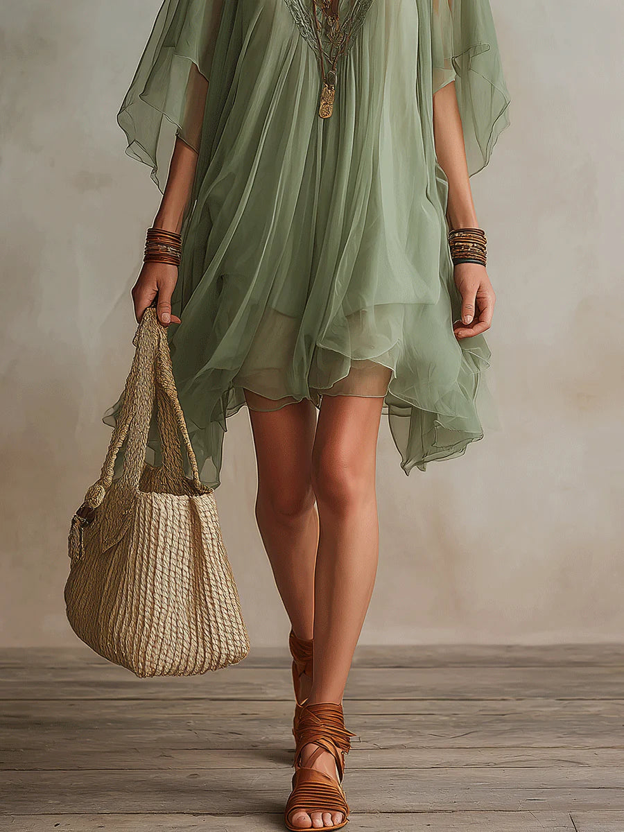 Jara - Green Flowing Chiffon V-Neck Mini Dress