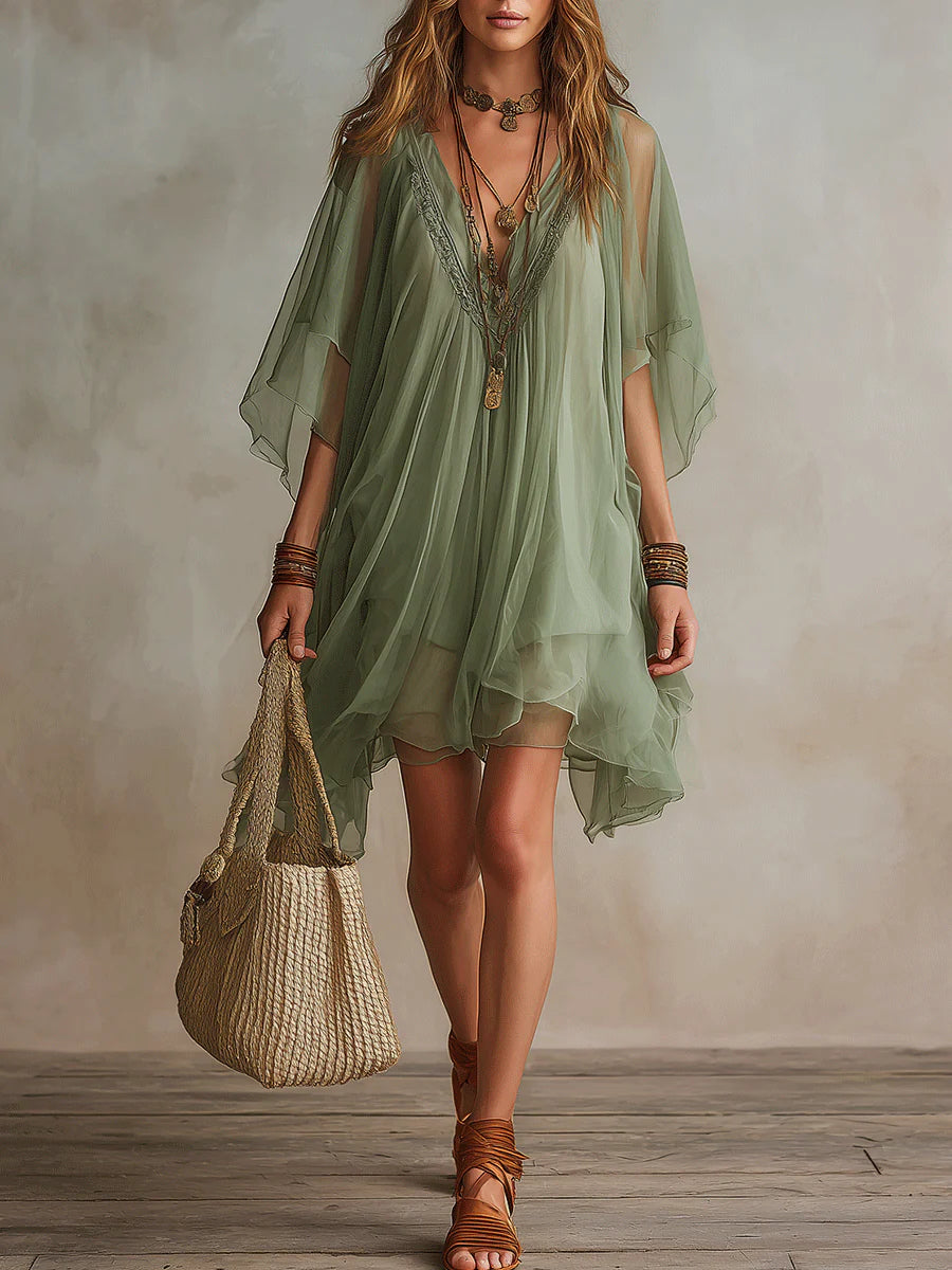 Jara - Green Flowing Chiffon V-Neck Mini Dress