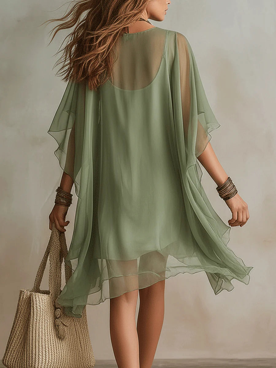 Jara - Green Flowing Chiffon V-Neck Mini Dress