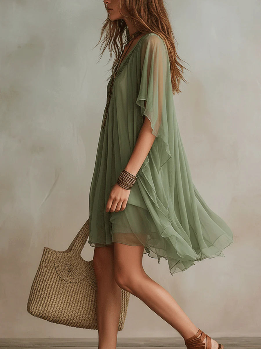 Jara - Green Flowing Chiffon V-Neck Mini Dress