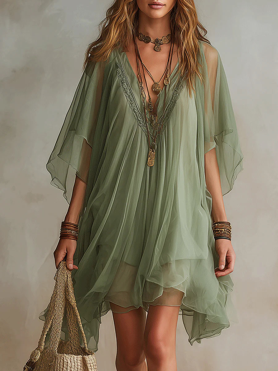 Jara - Green Flowing Chiffon V-Neck Mini Dress