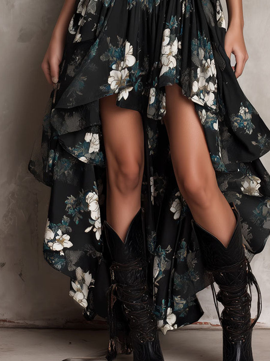 Kaye - Black Bohemian Floral Print Irregular Strapless Maxi Dress