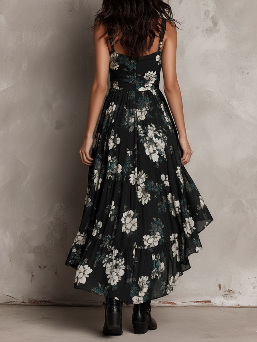 Kaye - Black Bohemian Floral Print Irregular Strapless Maxi Dress