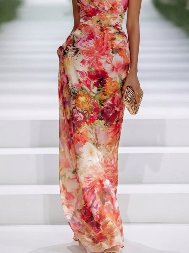 Zia - Red Chiffon Floral Halter-neck Sleeveless Maxi Dress