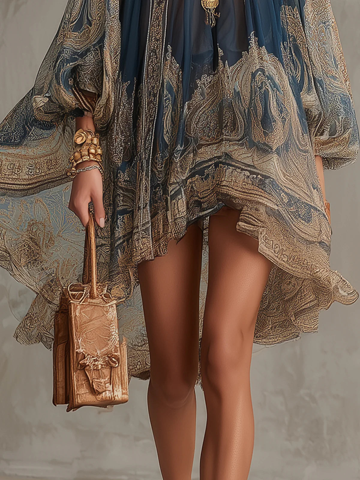 Izza - Navy Blue Baroque Print High-Neck Irregular Chiffon Mini Dress