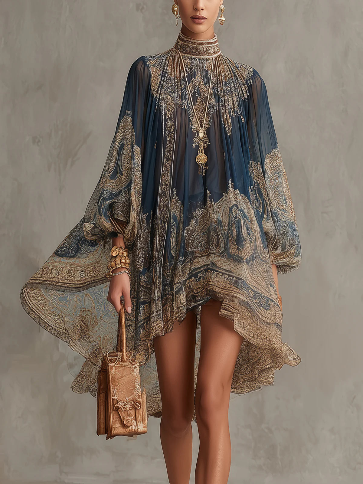 Izza - Navy Blue Baroque Print High-Neck Irregular Chiffon Mini Dress