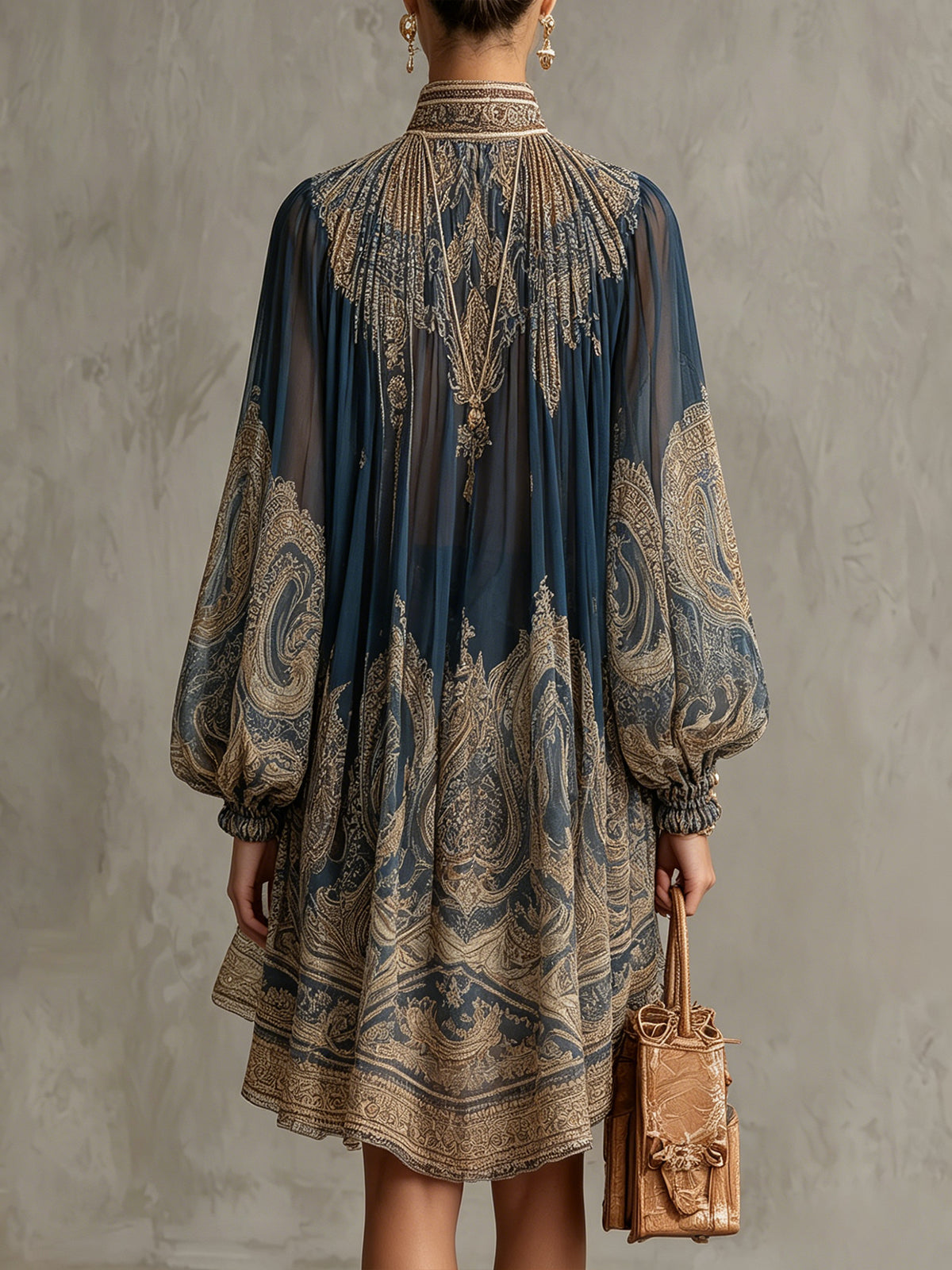 Izza - Navy Blue Baroque Print High-Neck Irregular Chiffon Mini Dress