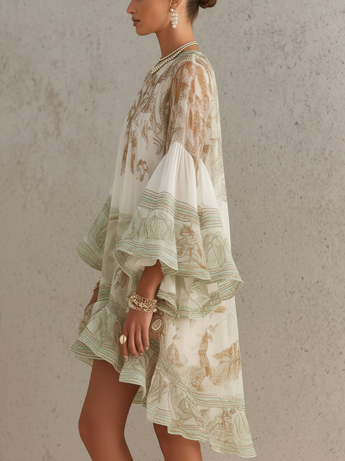 Elizia - Green Chiffon Mini Dress with Ruffle Sleeves & Gathered Hem
