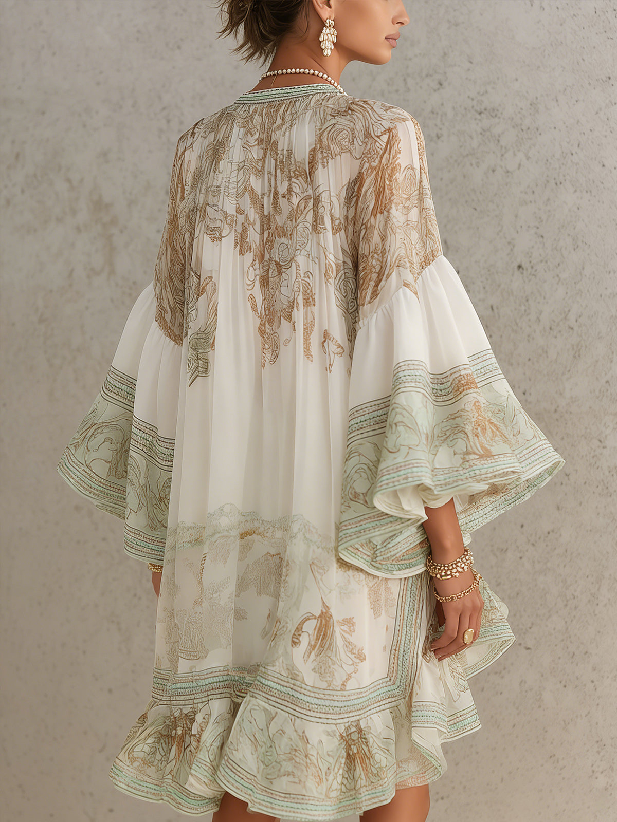 Elizia - Green Chiffon Mini Dress with Ruffle Sleeves & Gathered Hem