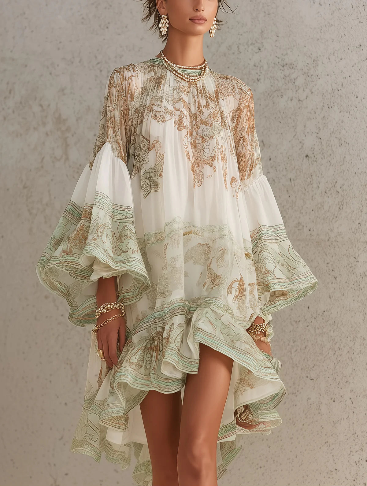 Elizia - Green Chiffon Mini Dress with Ruffle Sleeves & Gathered Hem