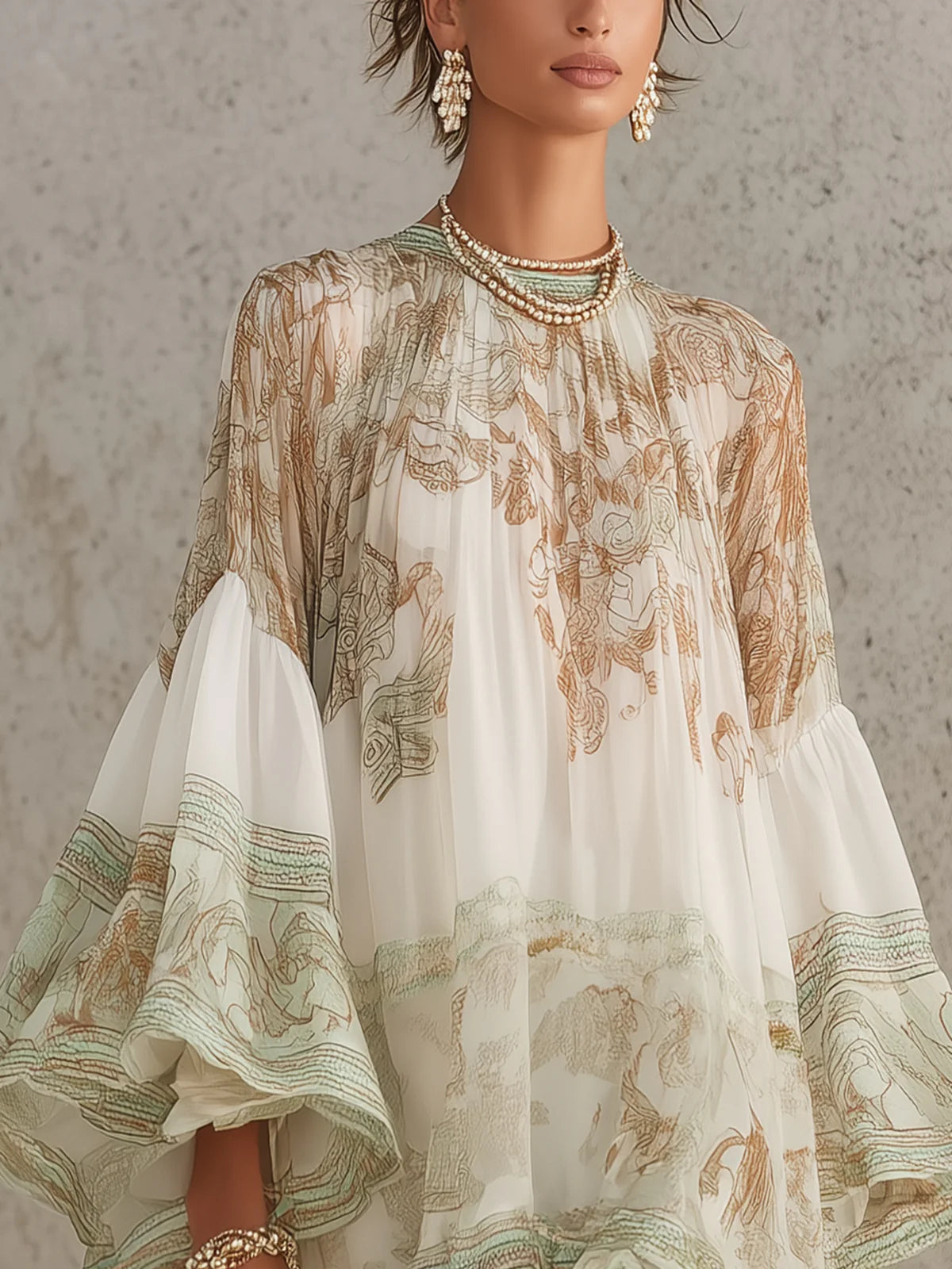 Elizia - Green Chiffon Mini Dress with Ruffle Sleeves & Gathered Hem