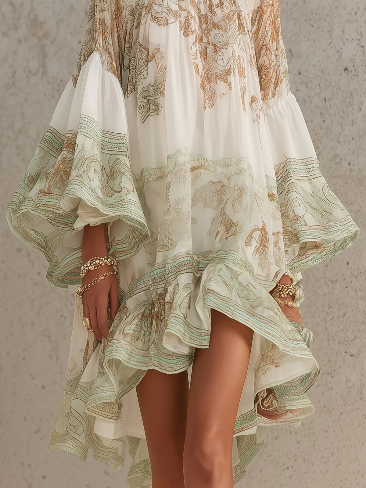 Elizia - Green Chiffon Mini Dress with Ruffle Sleeves & Gathered Hem