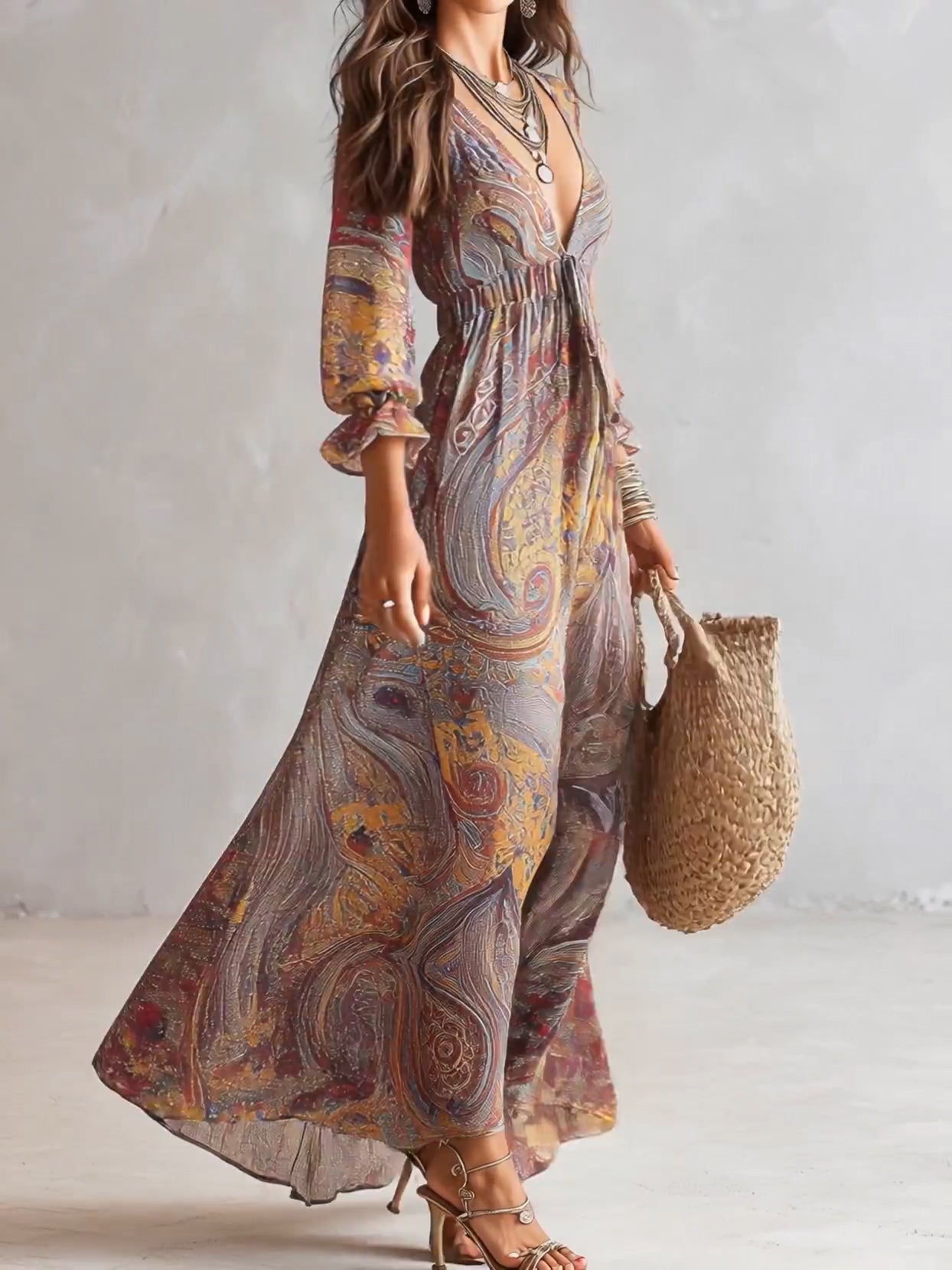 Fany - Paisley Print V-Neck Gathered Chiffon Maxi Dress