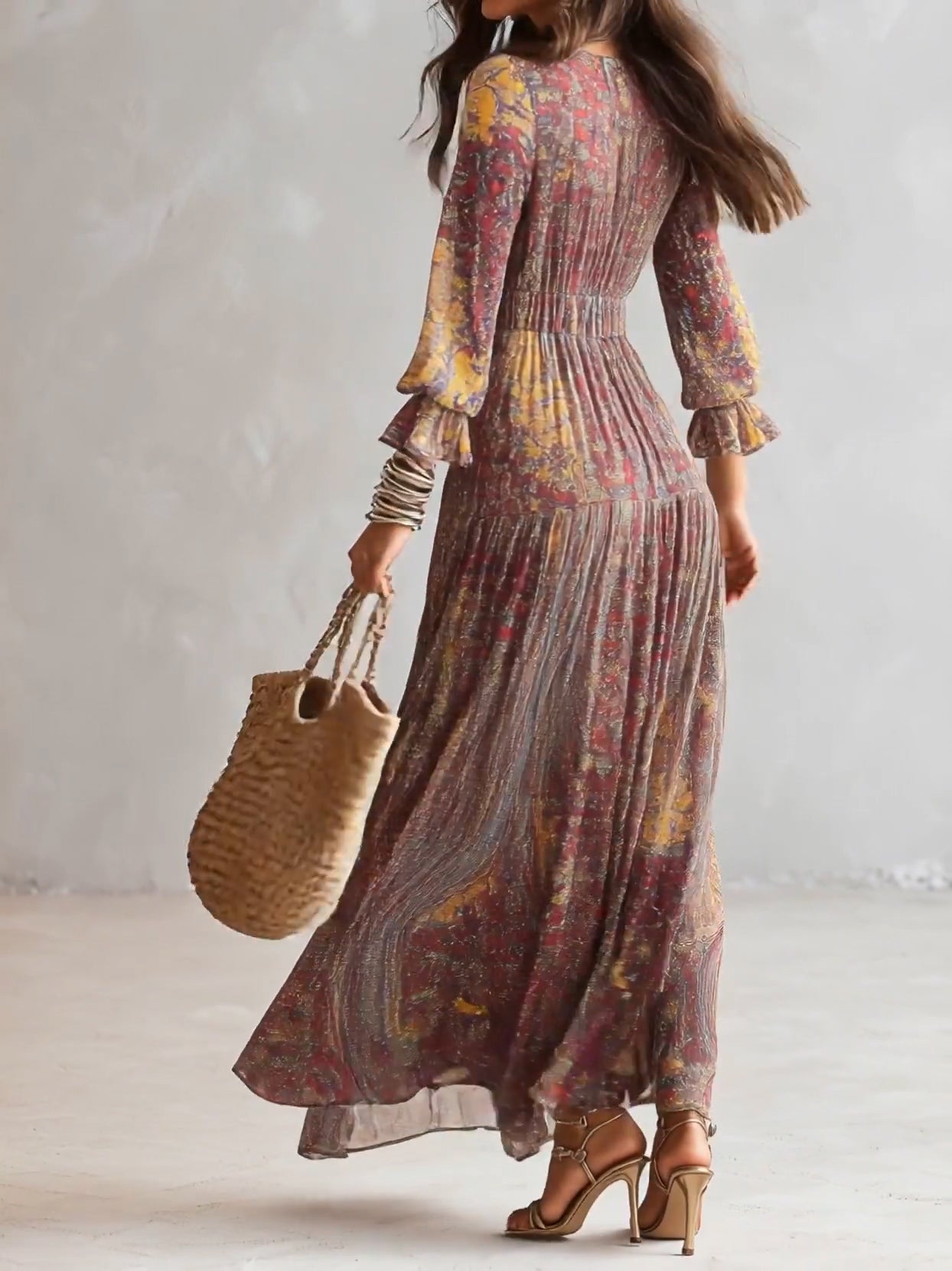 Fany - Paisley Print V-Neck Gathered Chiffon Maxi Dress