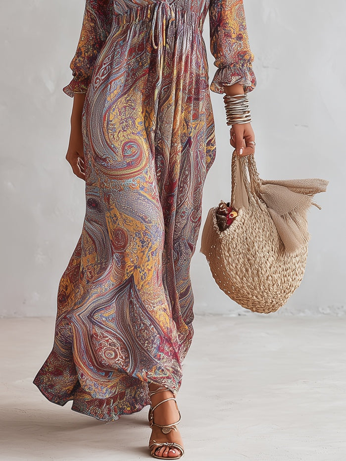 Fany - Paisley Print V-Neck Gathered Chiffon Maxi Dress