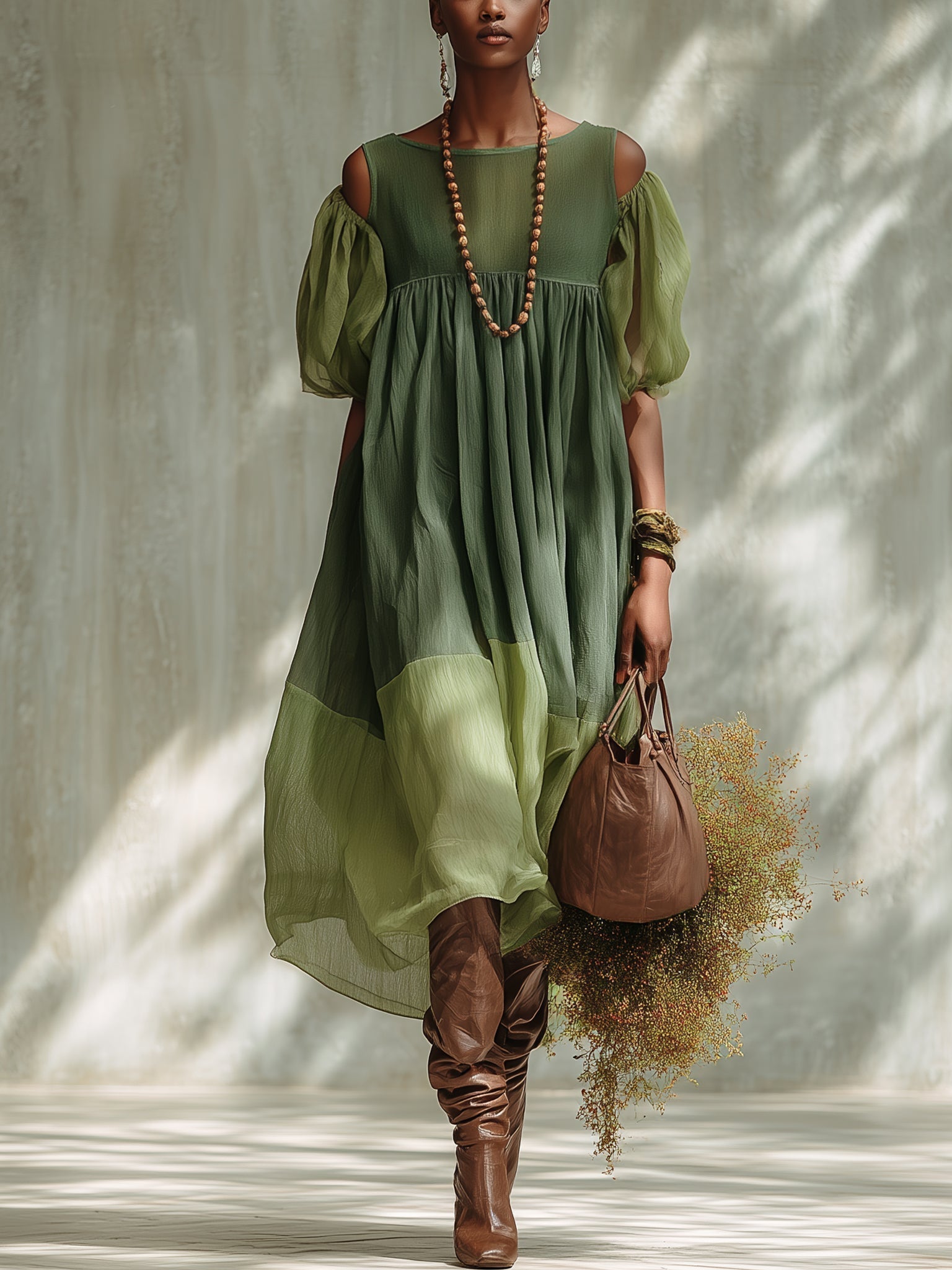 Lanna - Green Off-Shoulder Short-Sleeve Chiffon Midi Dress