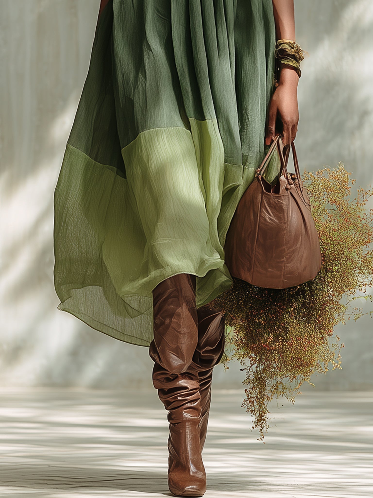 Lanna - Green Off-Shoulder Short-Sleeve Chiffon Midi Dress