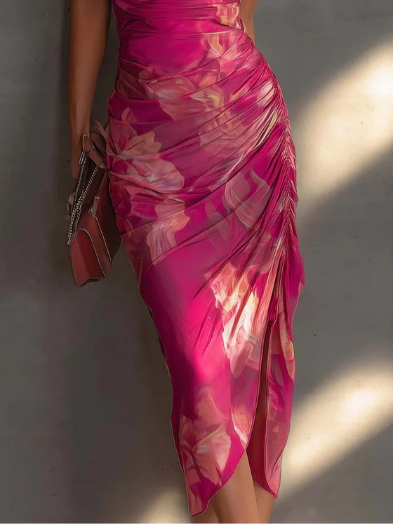 Dalia - Fuchsia Floral Print Ruched Side Split Bodycon Dress