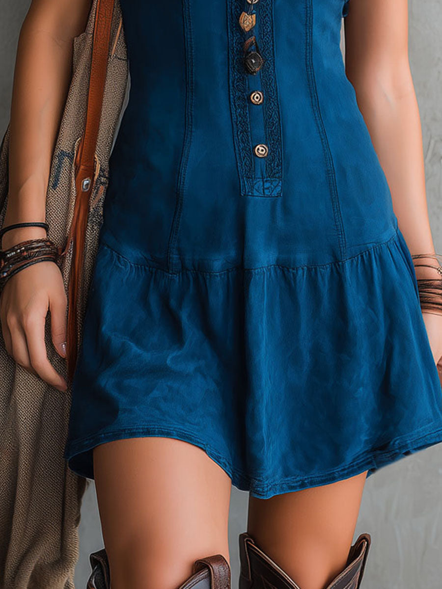 Dinna - Bohemian Indigo V-Neck Button-Down Sleeveless Mini Dress