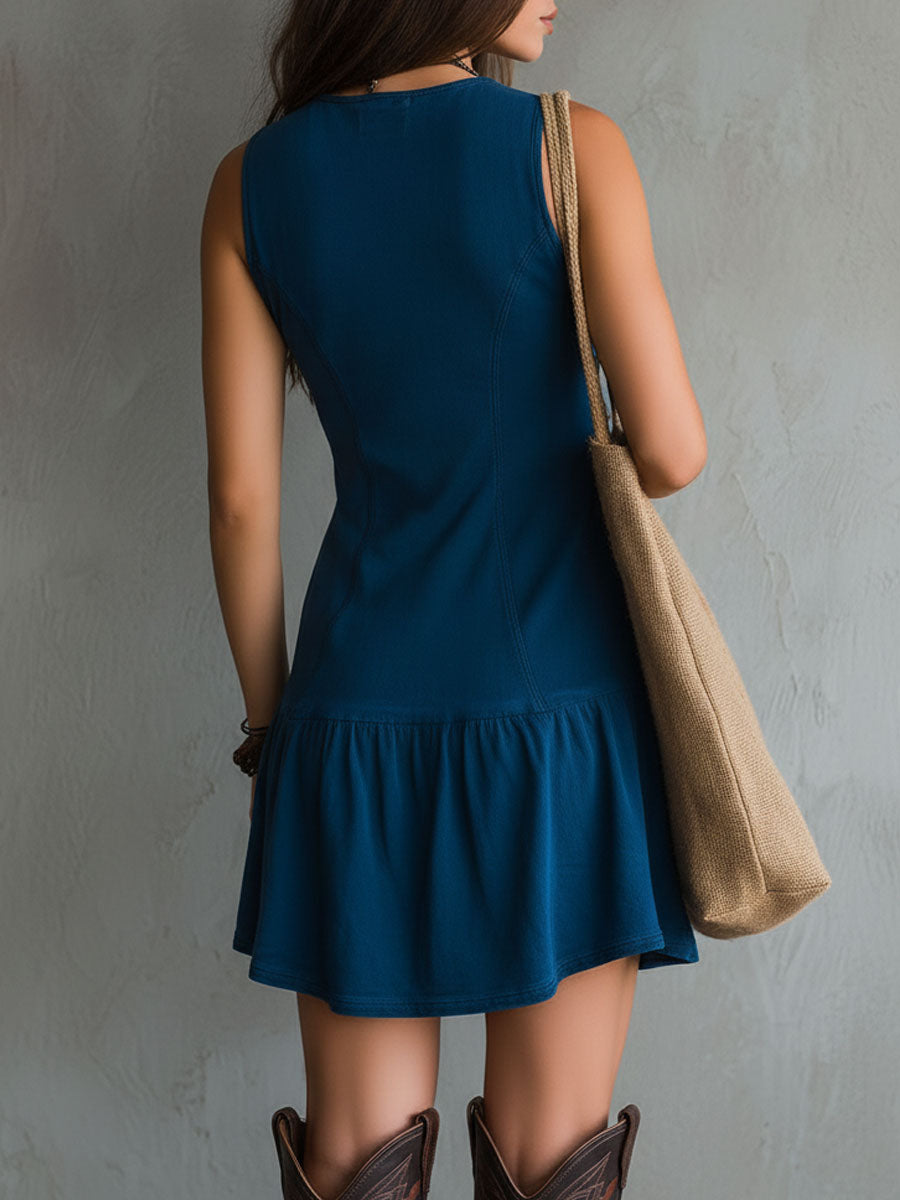 Dinna - Bohemian Indigo V-Neck Button-Down Sleeveless Mini Dress