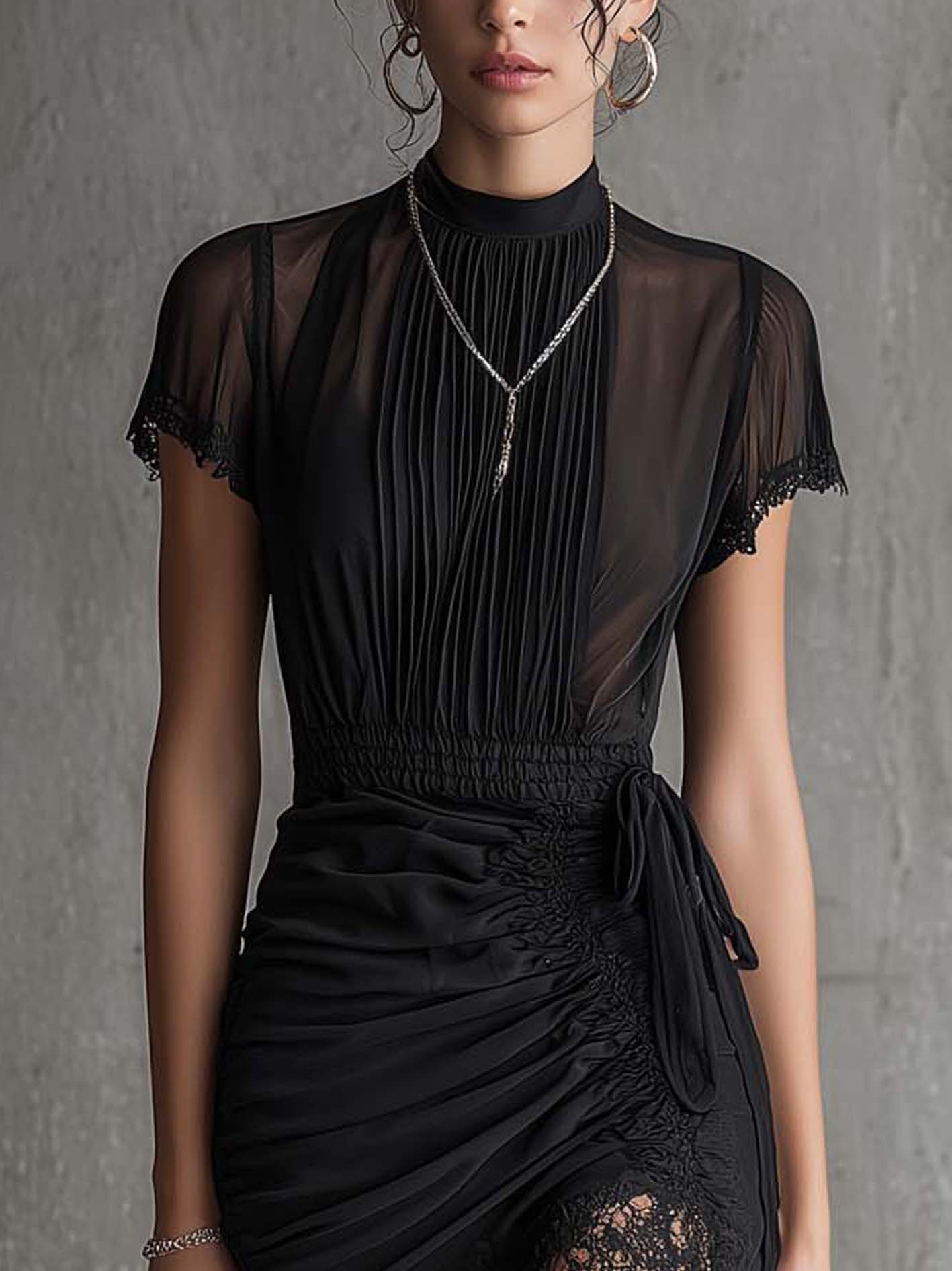 Jena - Black Chiffon Pleated Waist Lace-trimmed Mini Dress