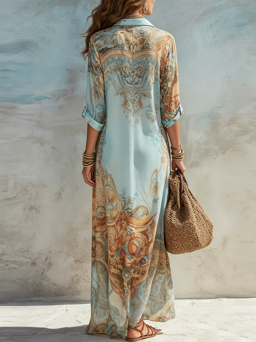 Leia - Vacation Blue Floral Print Shirt Maxi Dress